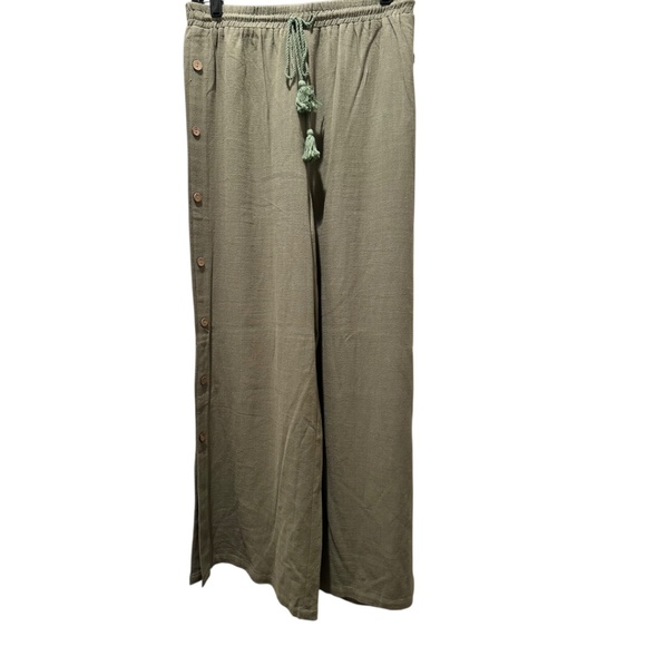Wide Leg Linen Viscose Button Pants Olive Tassel Detail - Picture 4 of 8